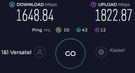 Speedtest-Ergebnis mit rund 2 GBit im Up- und Downlink