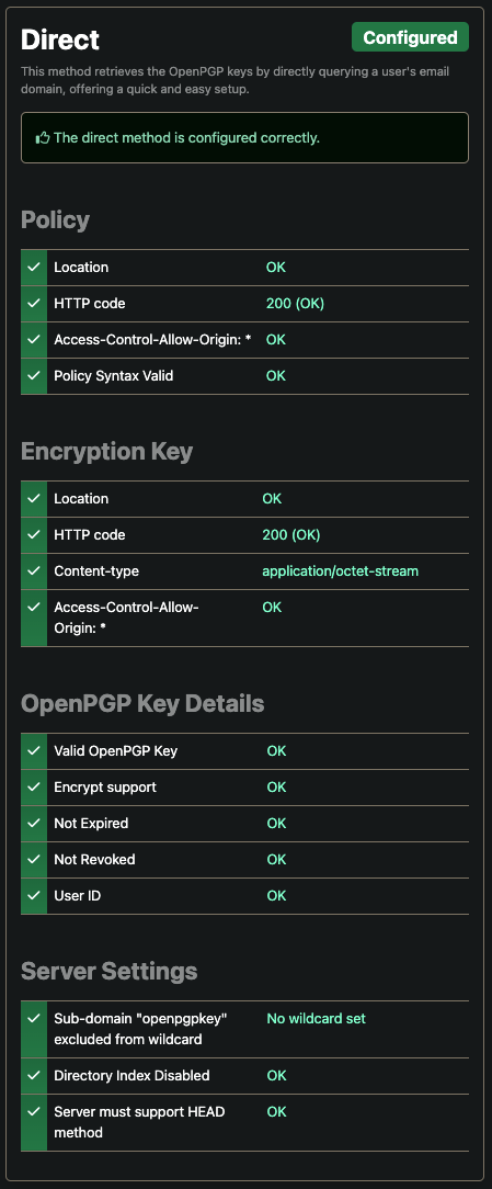Erfolgreiche WKD-Prüfung im Web-Key-Directory-Checker